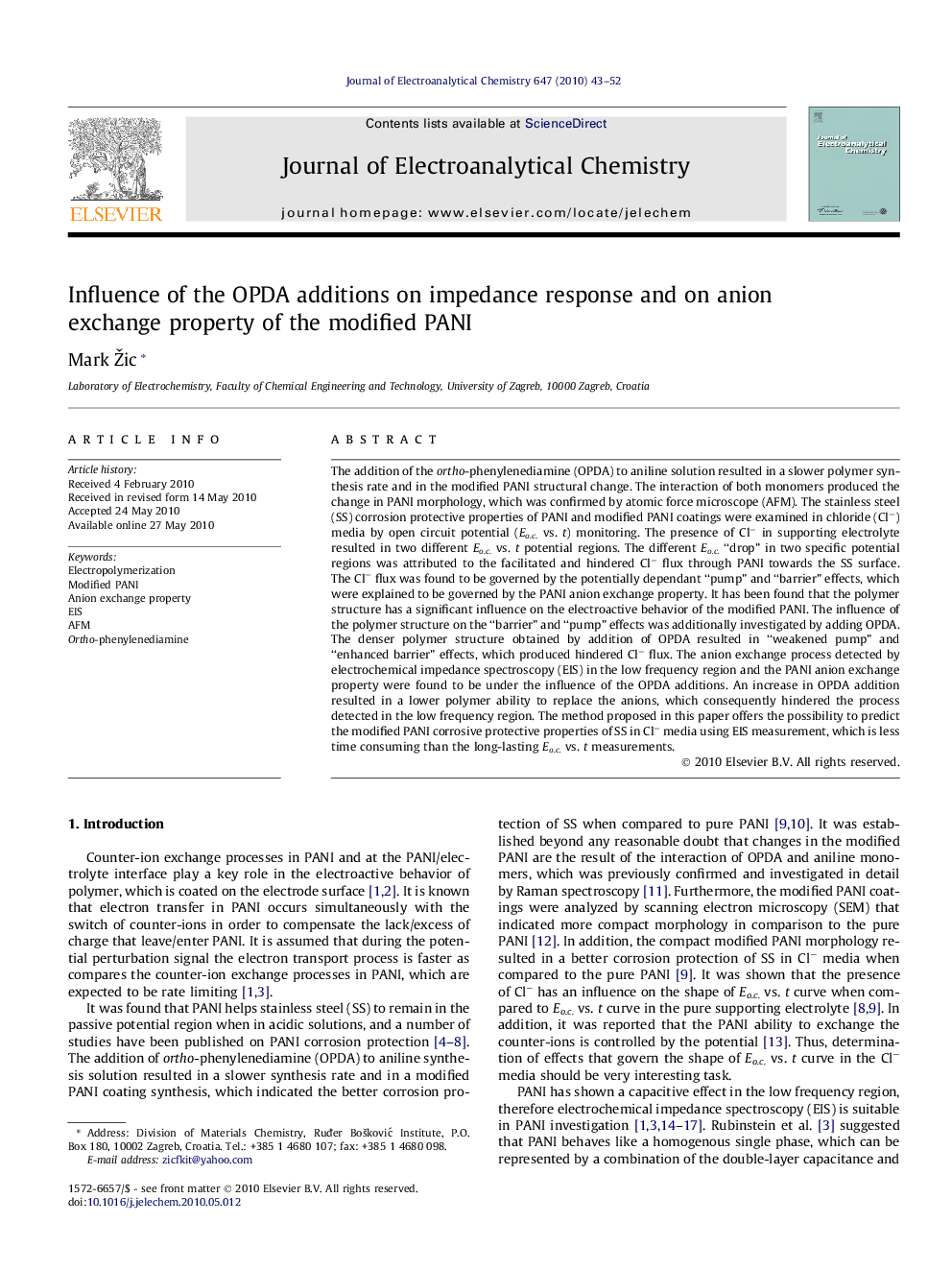 Influence of the OPDA additions on impedance response and on anion exchange property of the modified PANI