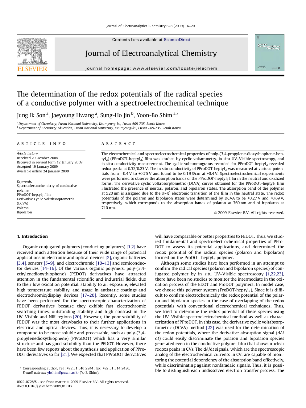 The determination of the redox potentials of the radical species of a conductive polymer with a spectroelectrochemical technique