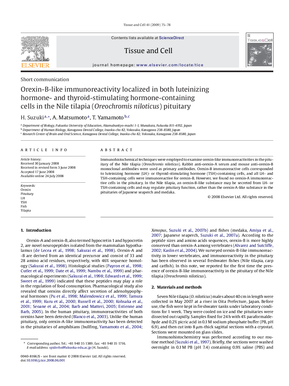 Orexin-B-like immunoreactivity localized in both luteinizing hormone- and thyroid-stimulating hormone-containing cells in the Nile tilapia (Oreochromis niloticus) pituitary