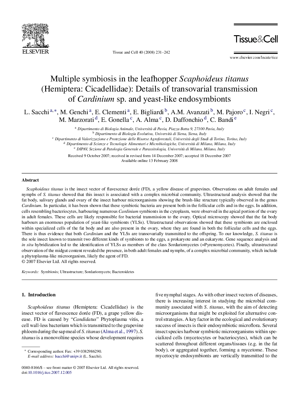 Multiple symbiosis in the leafhopper Scaphoideus titanus (Hemiptera: Cicadellidae): Details of transovarial transmission of Cardinium sp. and yeast-like endosymbionts