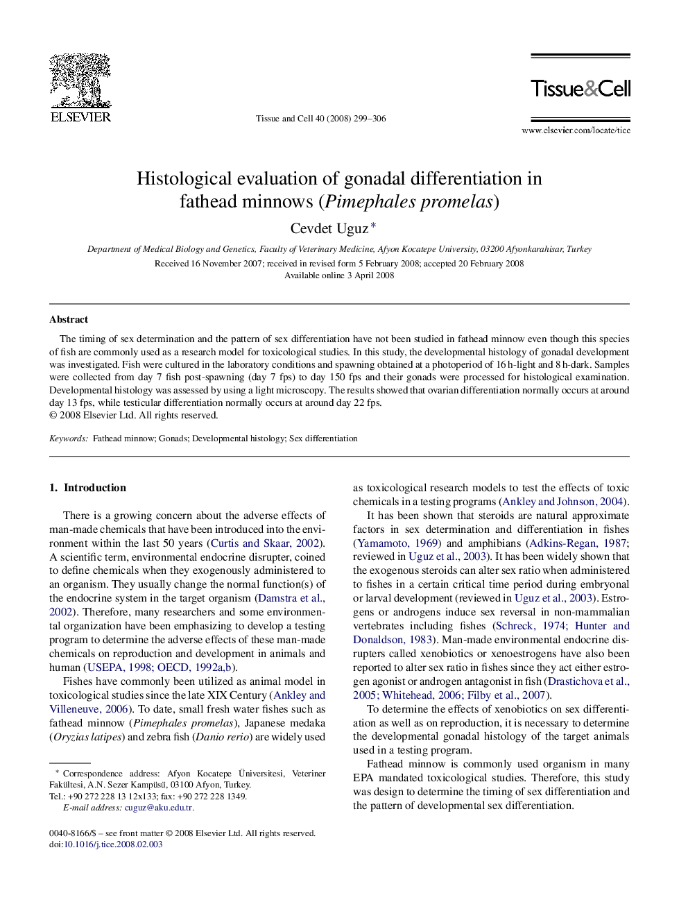 Histological evaluation of gonadal differentiation in fathead minnows (Pimephales promelas)