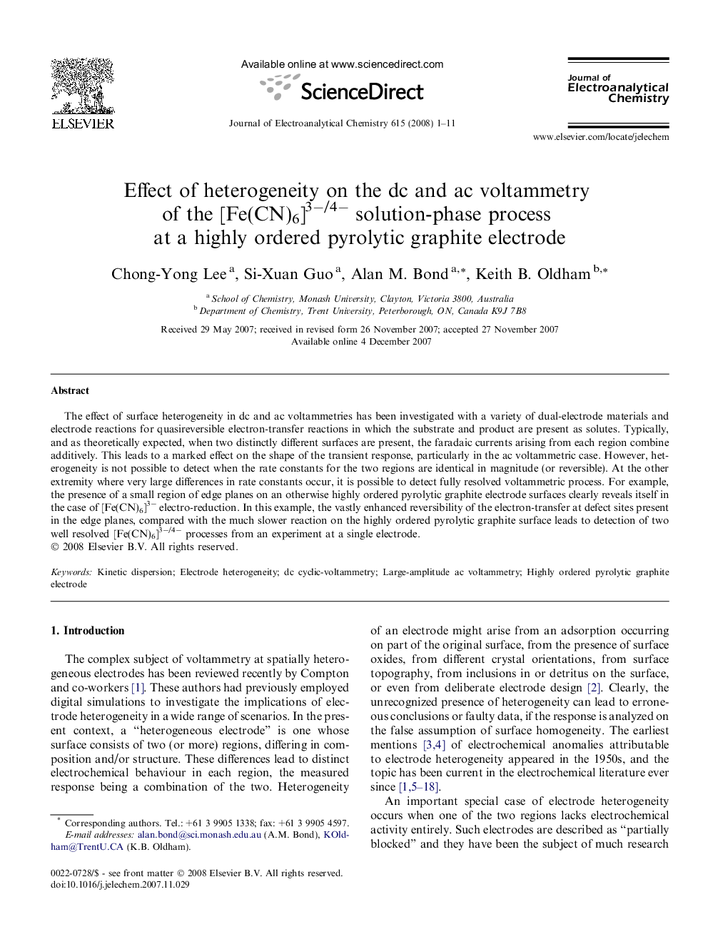 Effect of heterogeneity on the dc and ac voltammetry of the [Fe(CN)6]3−/4− solution-phase process at a highly ordered pyrolytic graphite electrode