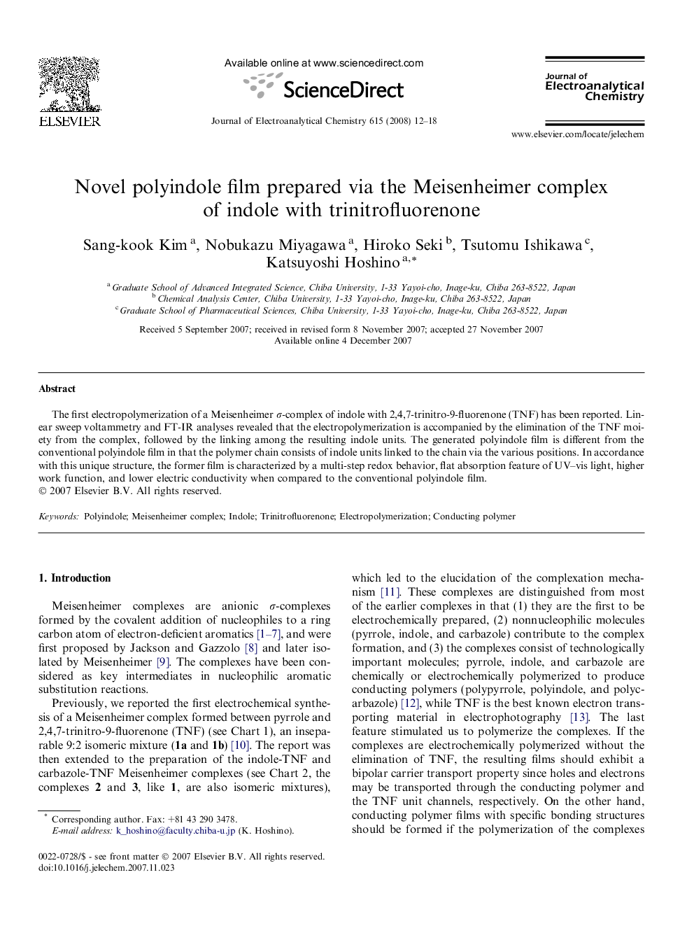 Novel polyindole film prepared via the Meisenheimer complex of indole with trinitrofluorenone