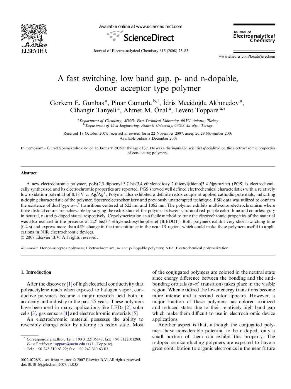 A fast switching, low band gap, p- and n-dopable, donor–acceptor type polymer