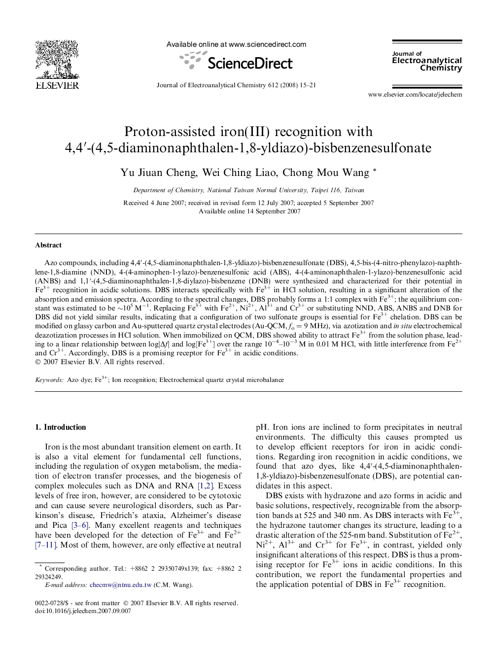 Proton-assisted iron(III) recognition with 4,4′-(4,5-diaminonaphthalen-1,8-yldiazo)-bisbenzenesulfonate