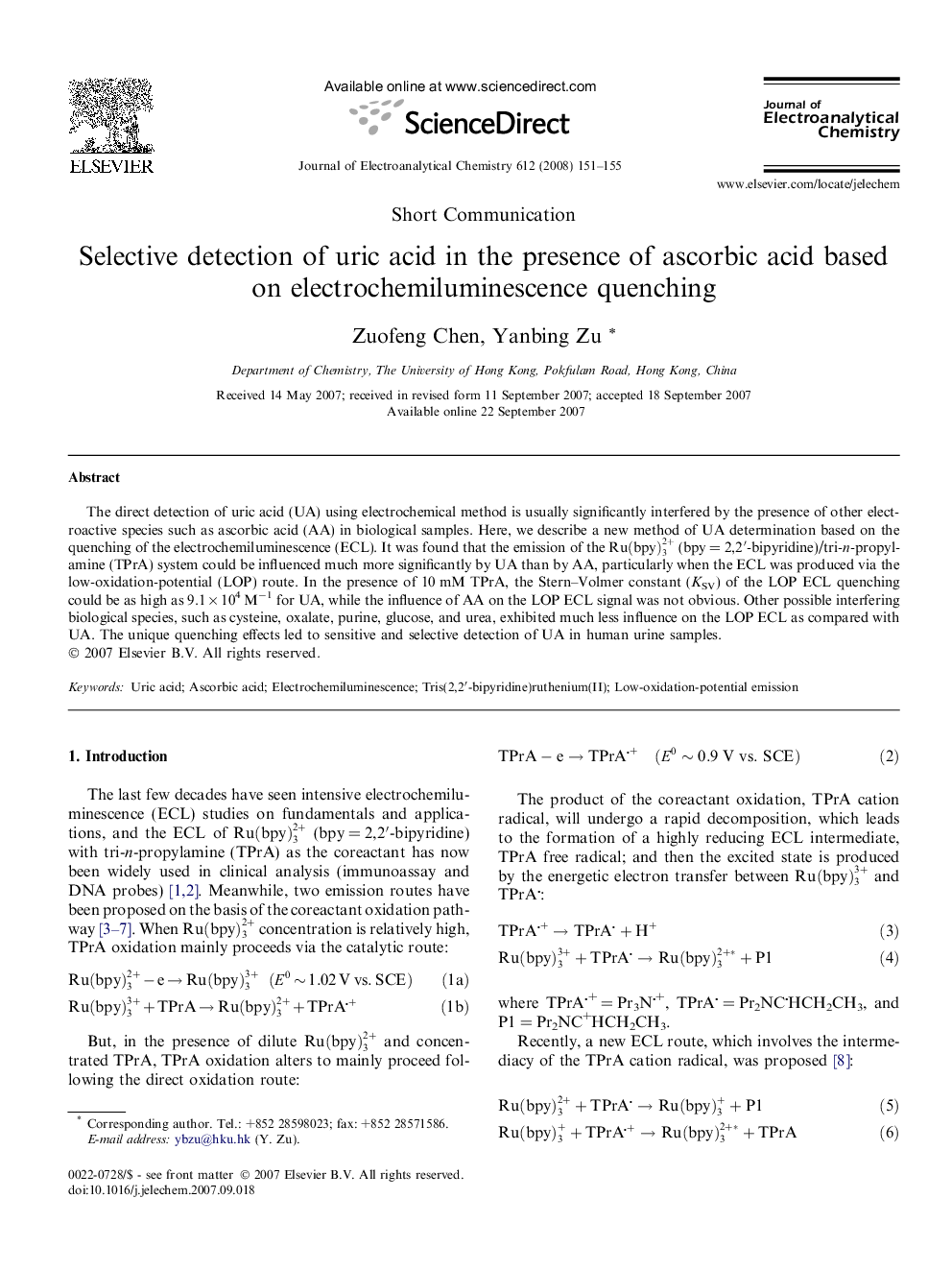 Selective detection of uric acid in the presence of ascorbic acid based on electrochemiluminescence quenching