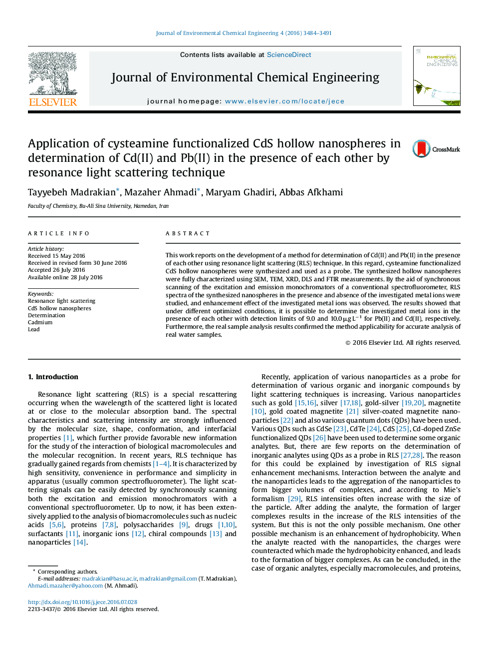 استفاده از نانومتخلخل‌های توخالی CdS کاربردی سیستامین در تعیین Cd (II) و Pb (II) در حضور یکدیگر با روش پراکندگی نور رزونانس