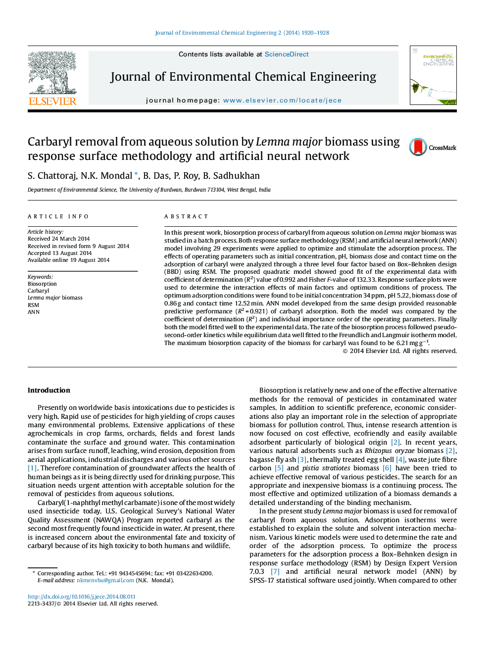 Carbaryl removal from aqueous solution by Lemna major biomass using response surface methodology and artificial neural network