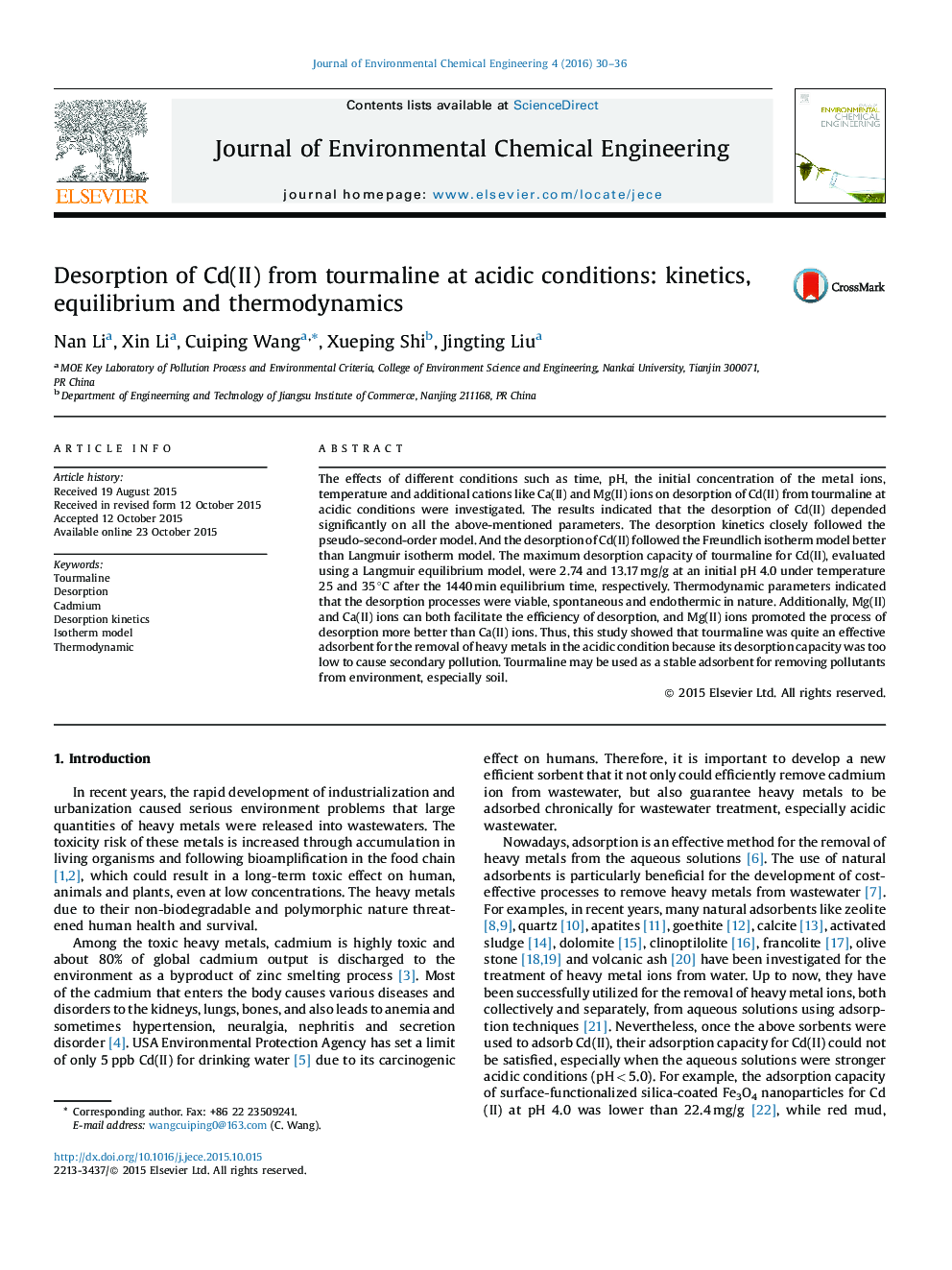 دفع Cd(II) از تورمالین در شرایط اسیدی: سینتیک، تعادل و ترمودینامیک
