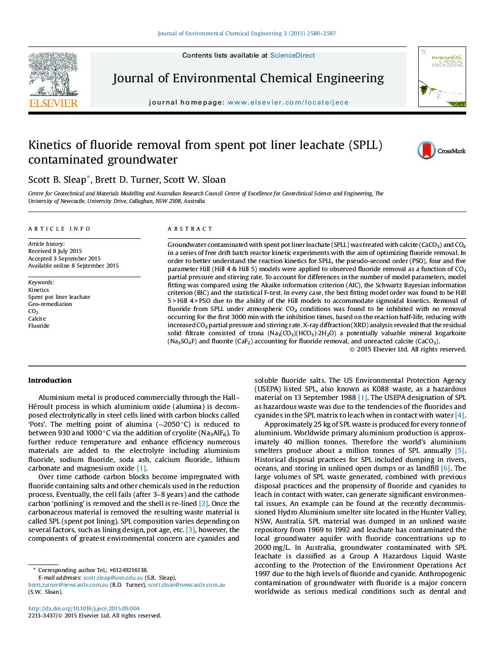 Kinetics of fluoride removal from spent pot liner leachate (SPLL) contaminated groundwater