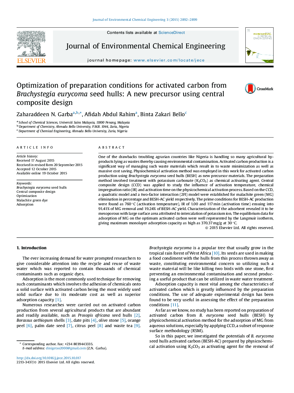 Optimization of preparation conditions for activated carbon from Brachystegia eurycoma seed hulls: A new precursor using central composite design