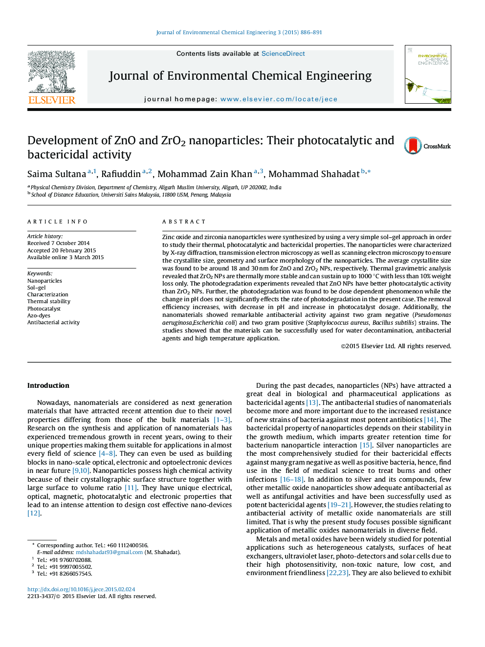 Development of ZnO and ZrO2 nanoparticles: Their photocatalytic and bactericidal activity
