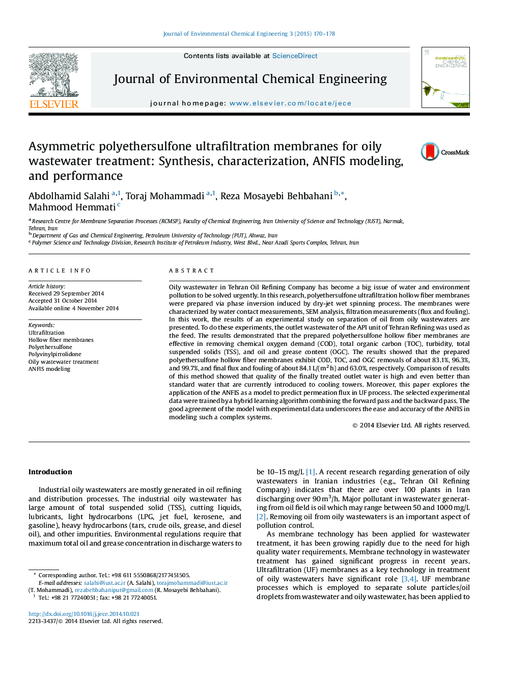 Asymmetric polyethersulfone ultrafiltration membranes for oily wastewater treatment: Synthesis, characterization, ANFIS modeling, and performance
