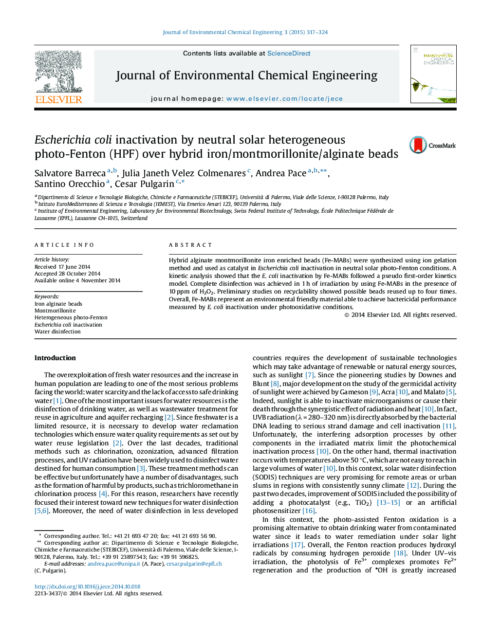 Escherichia coli inactivation by neutral solar heterogeneous photo-Fenton (HPF) over hybrid iron/montmorillonite/alginate beads