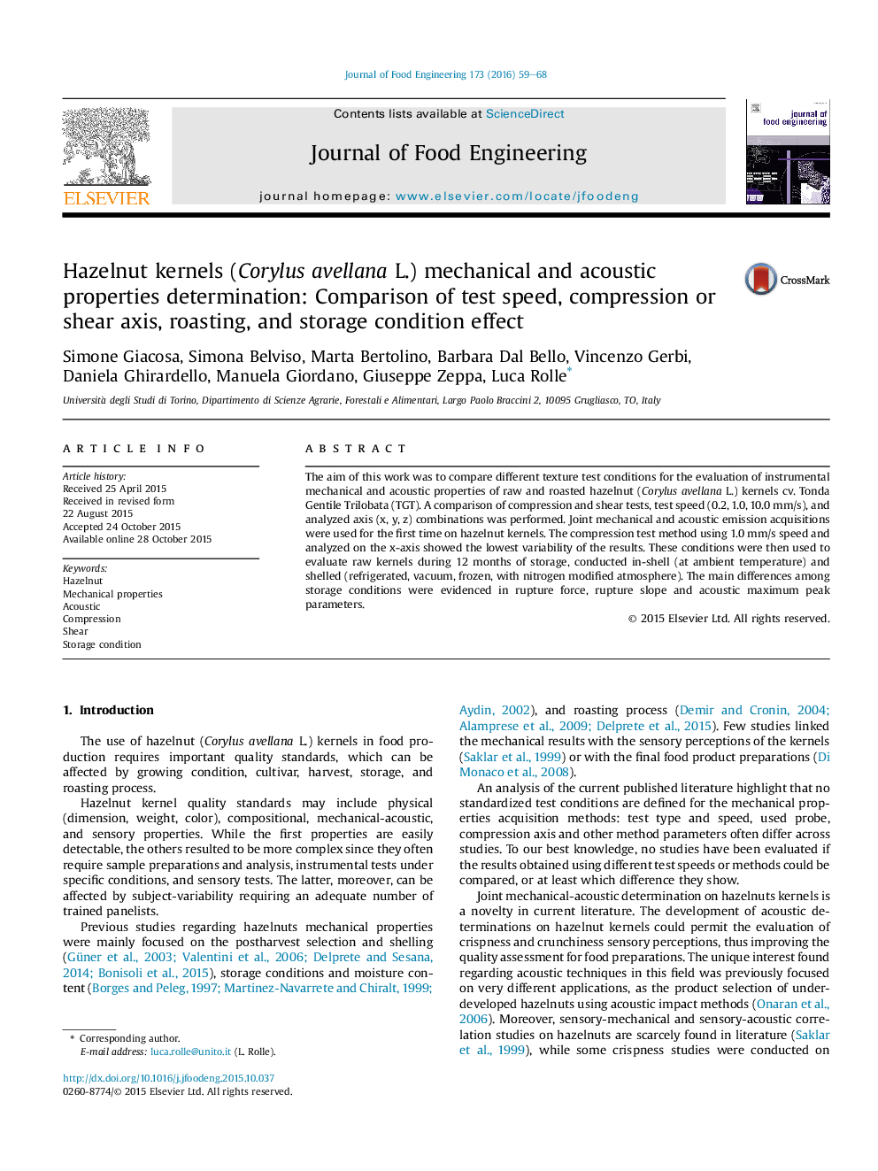 Hazelnut kernels (Corylus avellana L.) mechanical and acoustic properties determination: Comparison of test speed, compression or shear axis, roasting, and storage condition effect