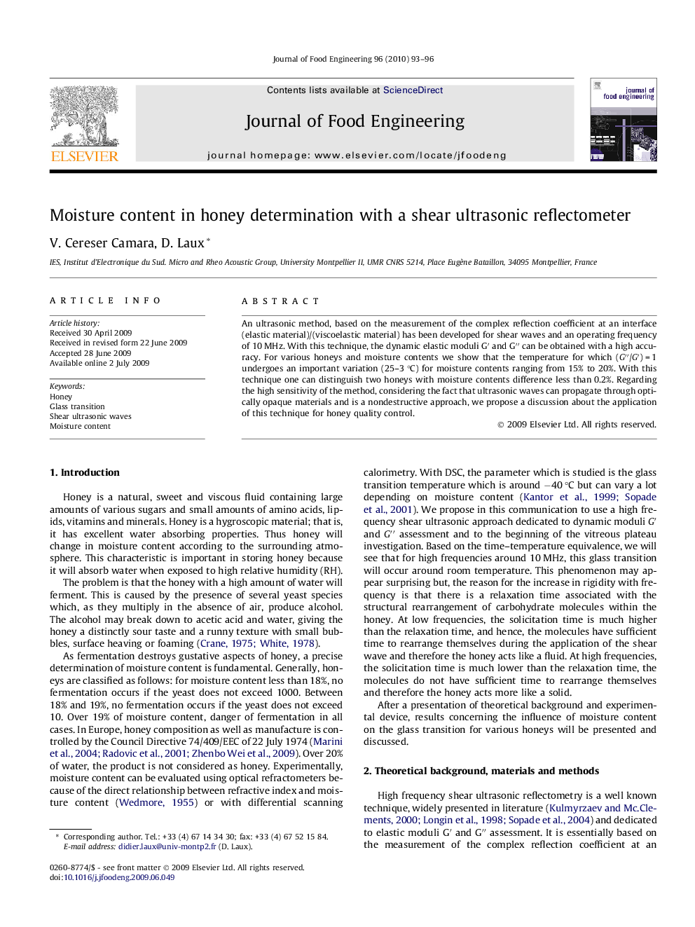 Moisture content in honey determination with a shear ultrasonic reflectometer