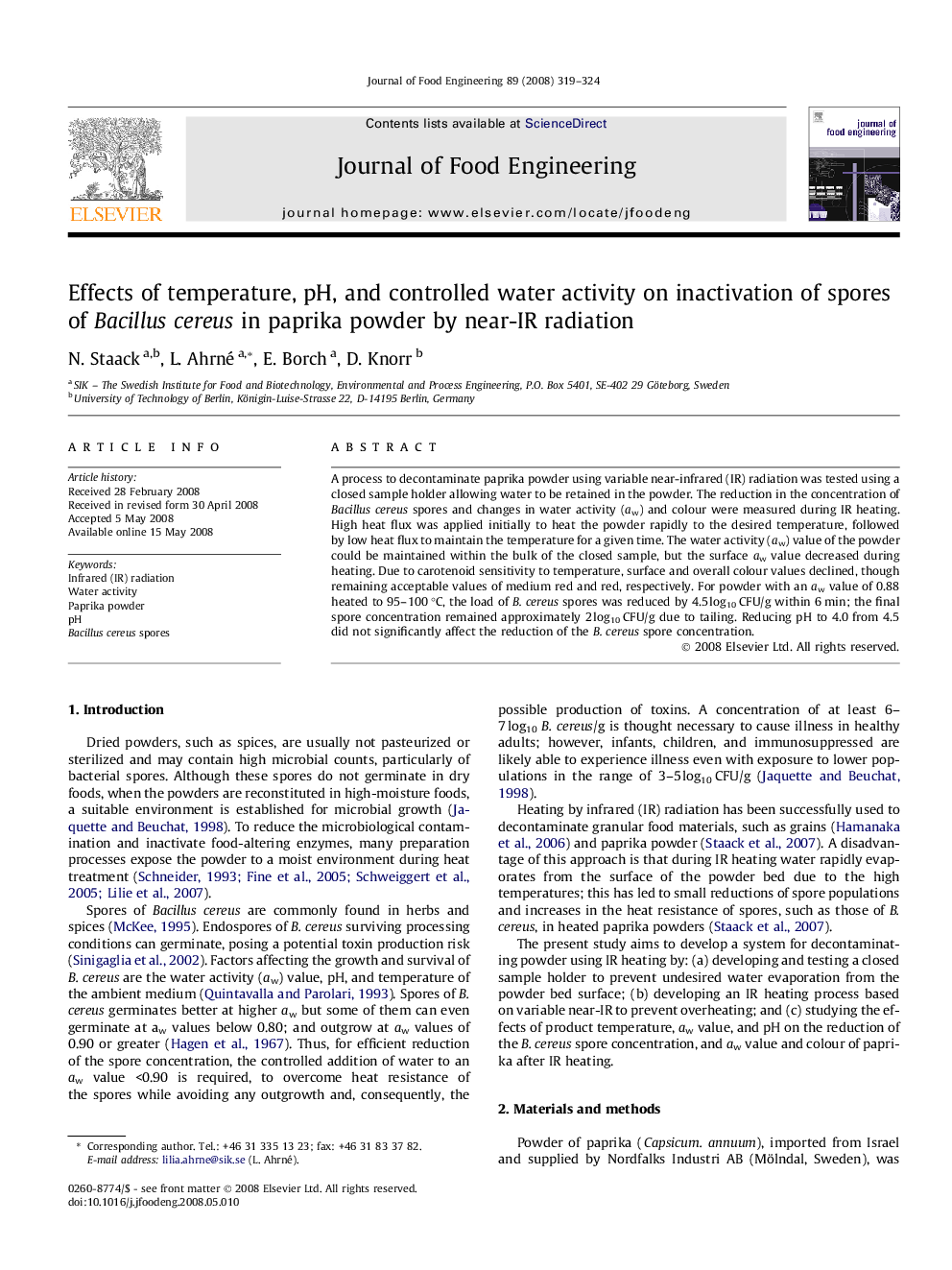 Effects of temperature, pH, and controlled water activity on inactivation of spores of Bacillus cereus in paprika powder by near-IR radiation