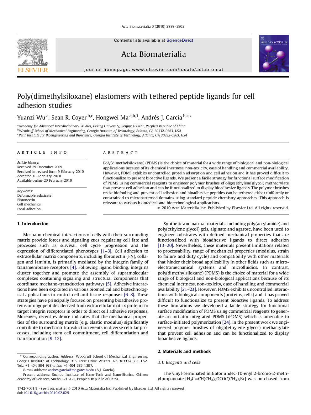 Poly(dimethylsiloxane) elastomers with tethered peptide ligands for cell adhesion studies