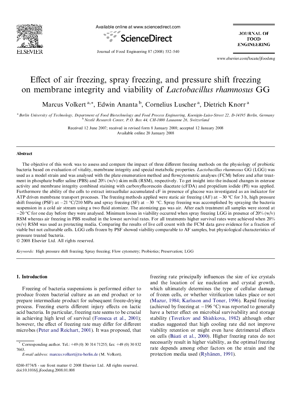 Effect of air freezing, spray freezing, and pressure shift freezing on membrane integrity and viability of Lactobacillus rhamnosus GG