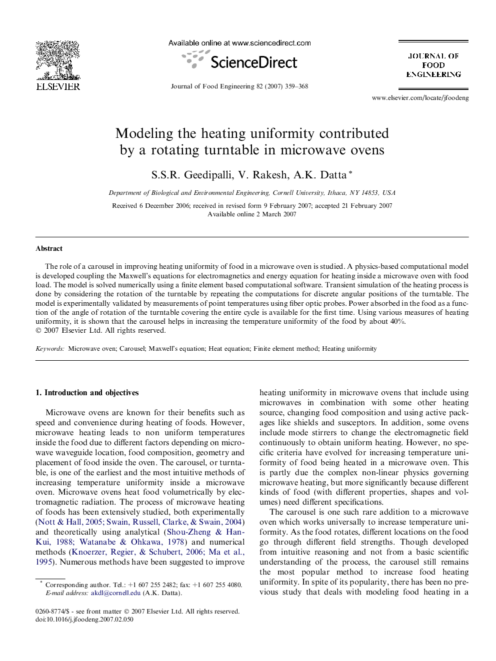 Modeling the heating uniformity contributed by a rotating turntable in microwave ovens