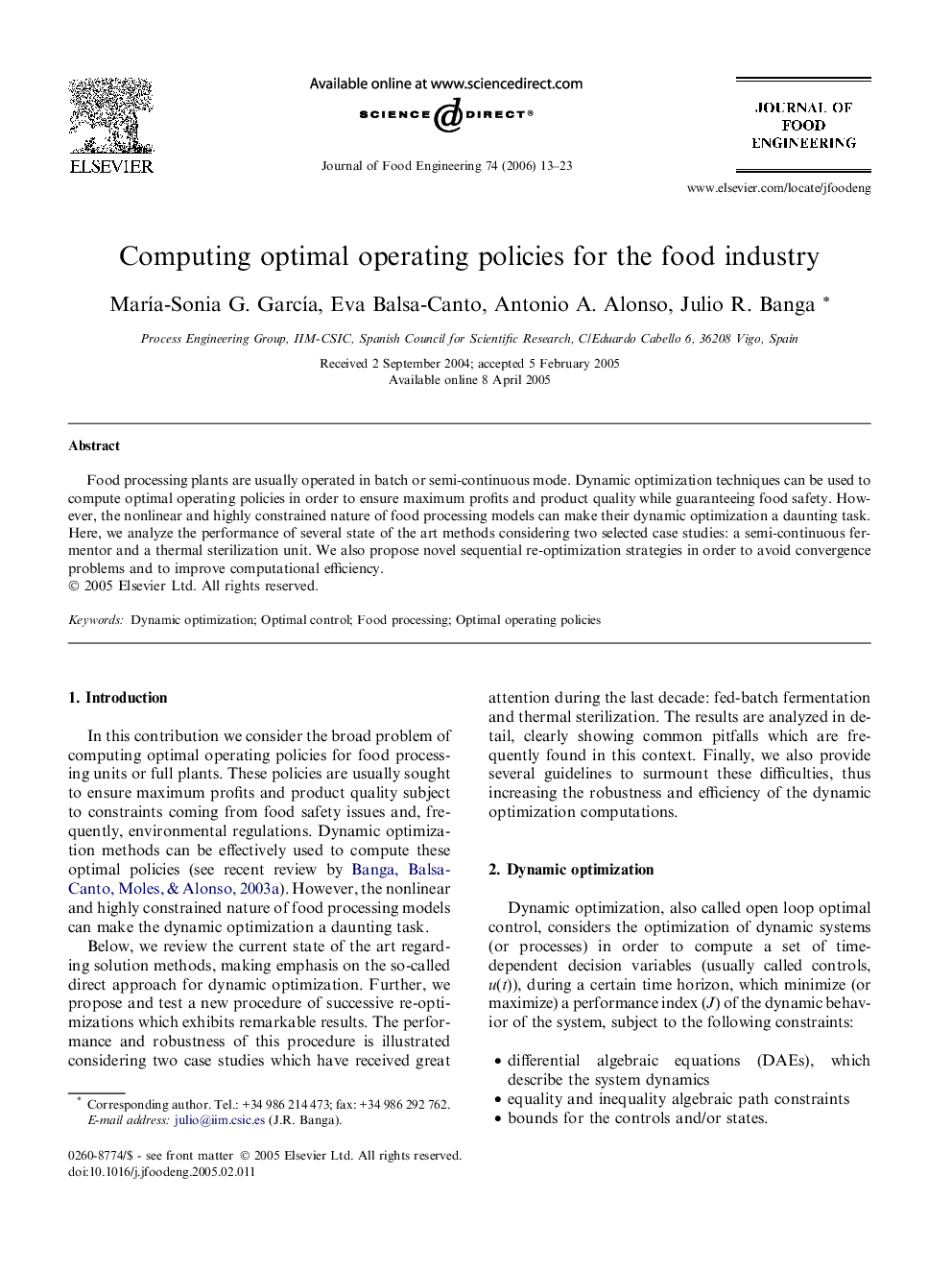 Computing optimal operating policies for the food industry