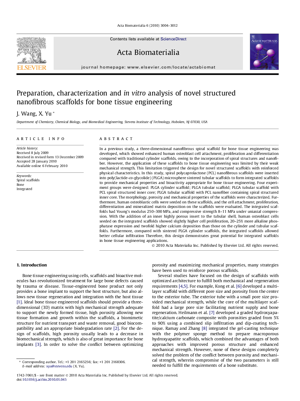 Preparation, characterization and in vitro analysis of novel structured nanofibrous scaffolds for bone tissue engineering