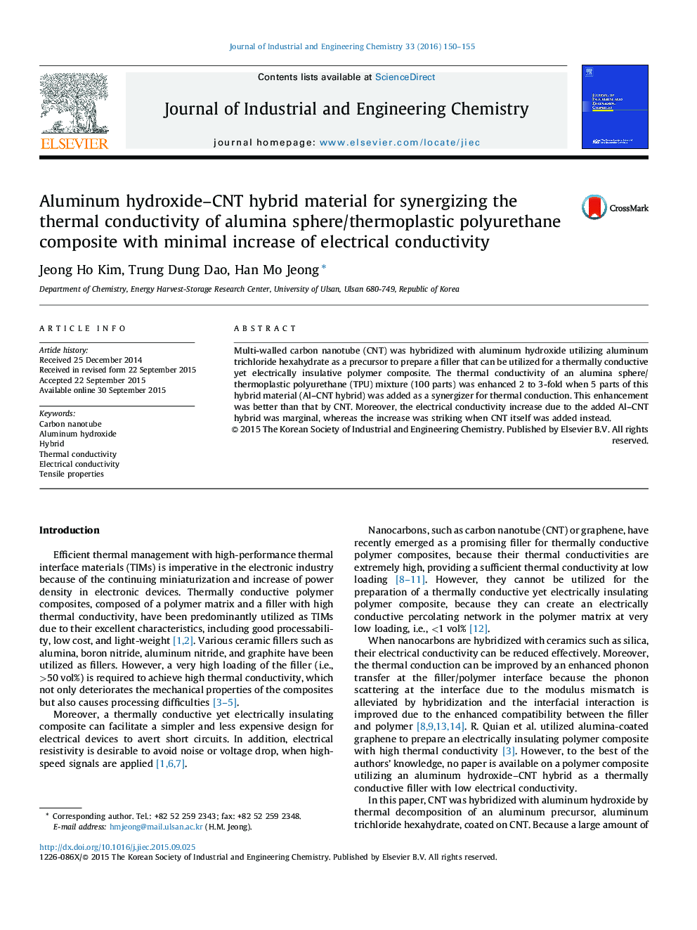 Aluminum hydroxide–CNT hybrid material for synergizing the thermal conductivity of alumina sphere/thermoplastic polyurethane composite with minimal increase of electrical conductivity