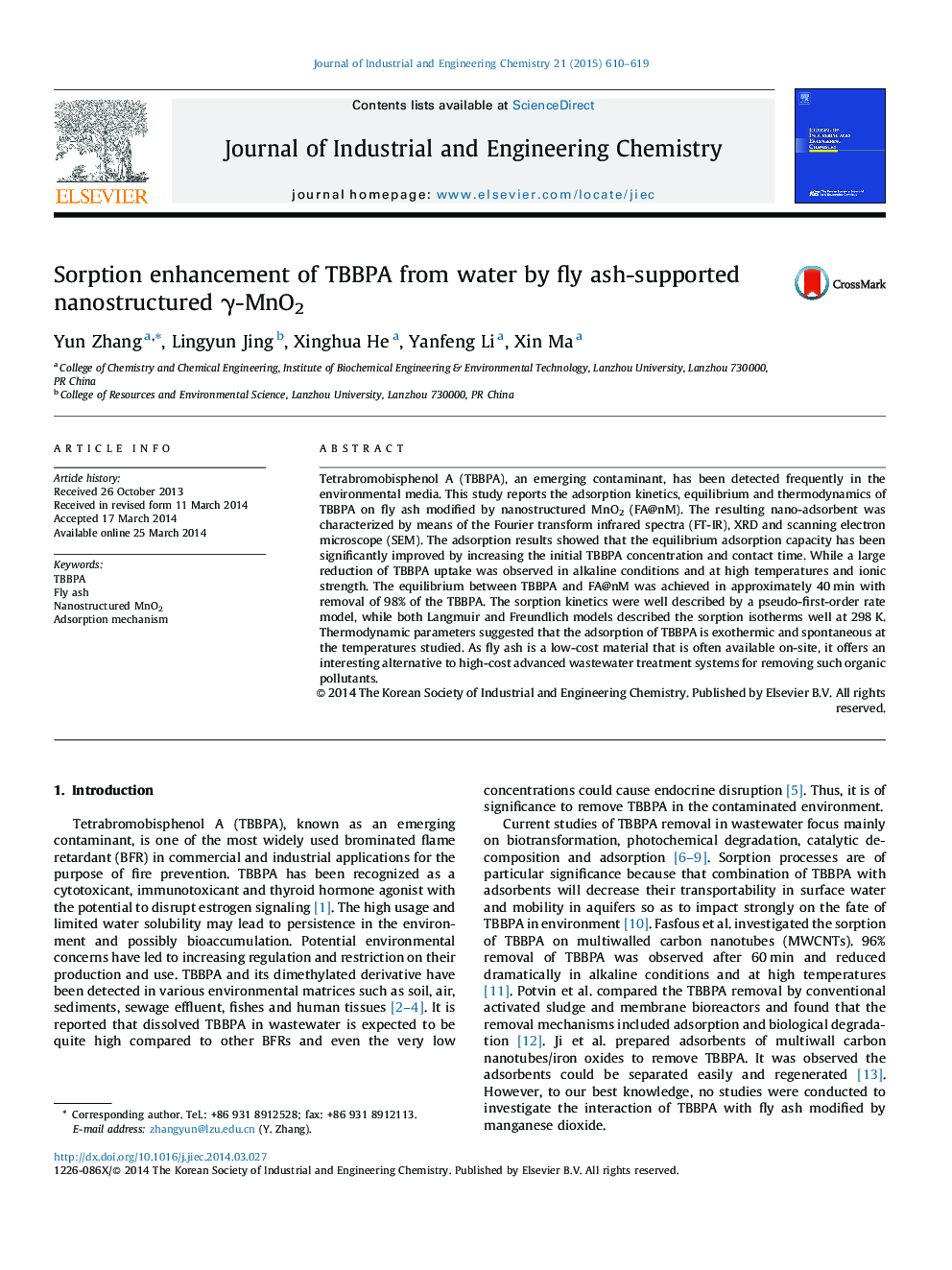 Sorption enhancement of TBBPA from water by fly ash-supported nanostructured γ-MnO2