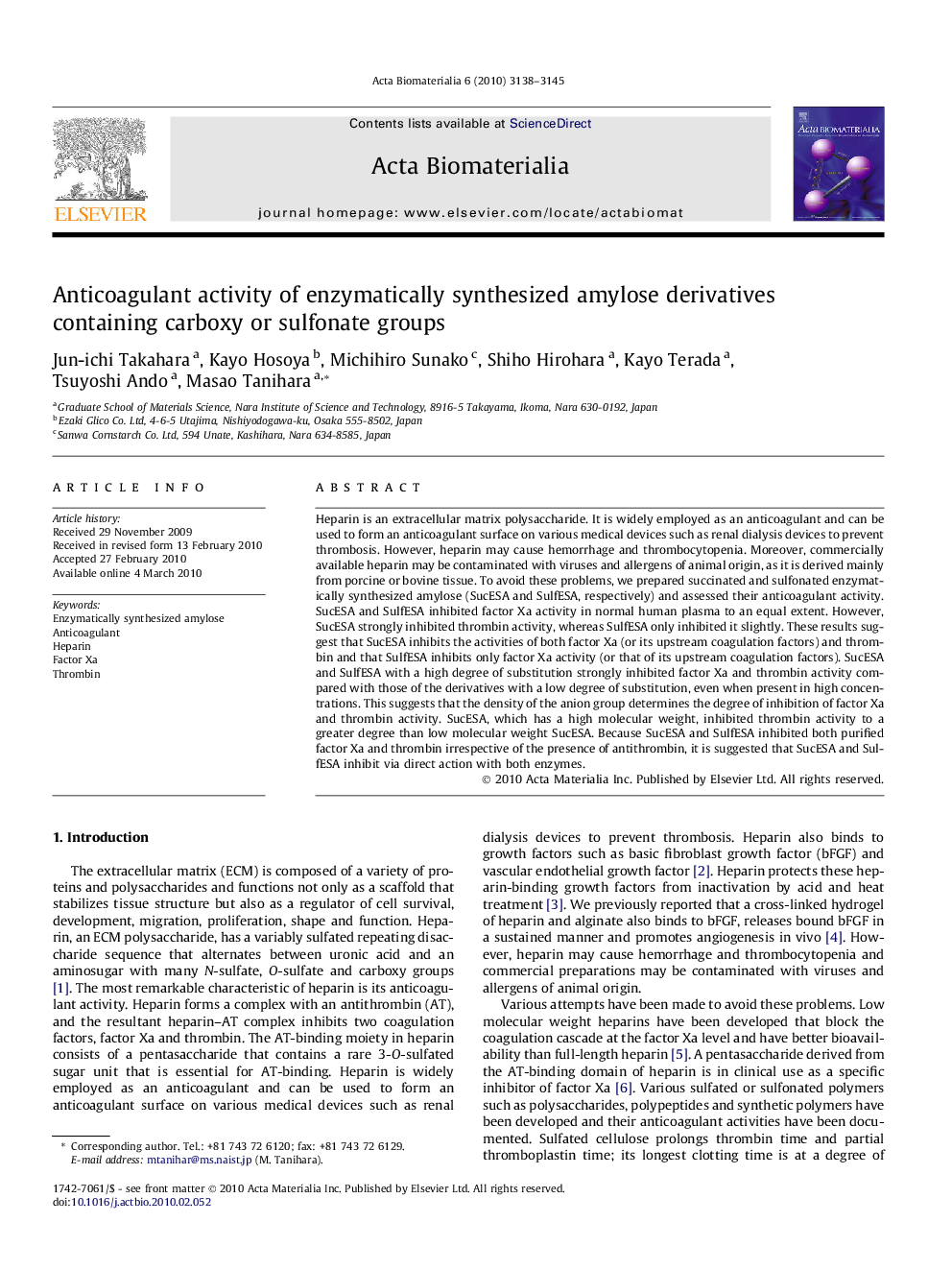 Anticoagulant activity of enzymatically synthesized amylose derivatives containing carboxy or sulfonate groups