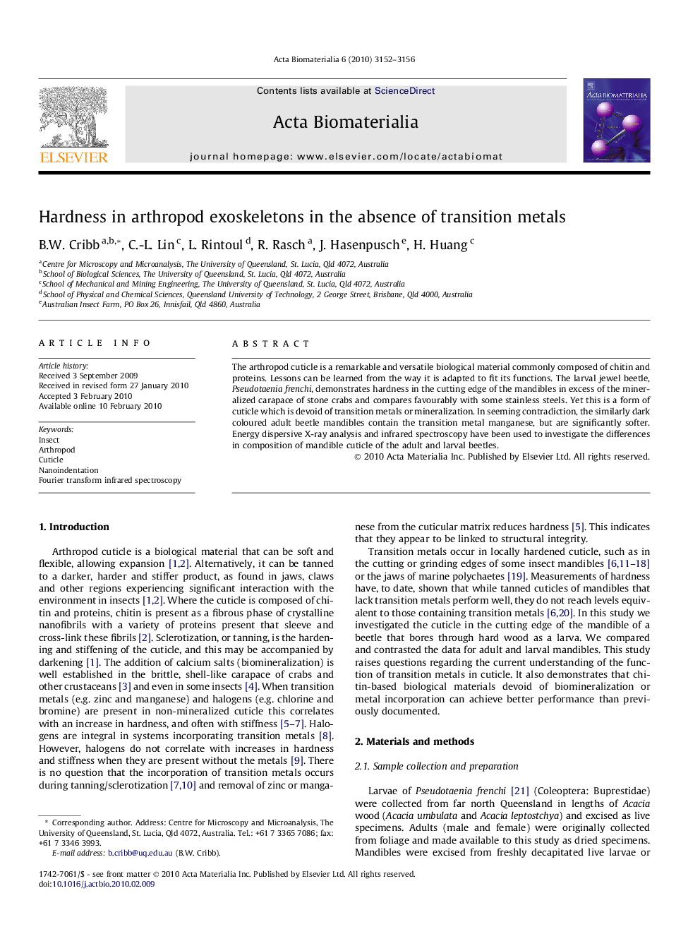 Hardness in arthropod exoskeletons in the absence of transition metals