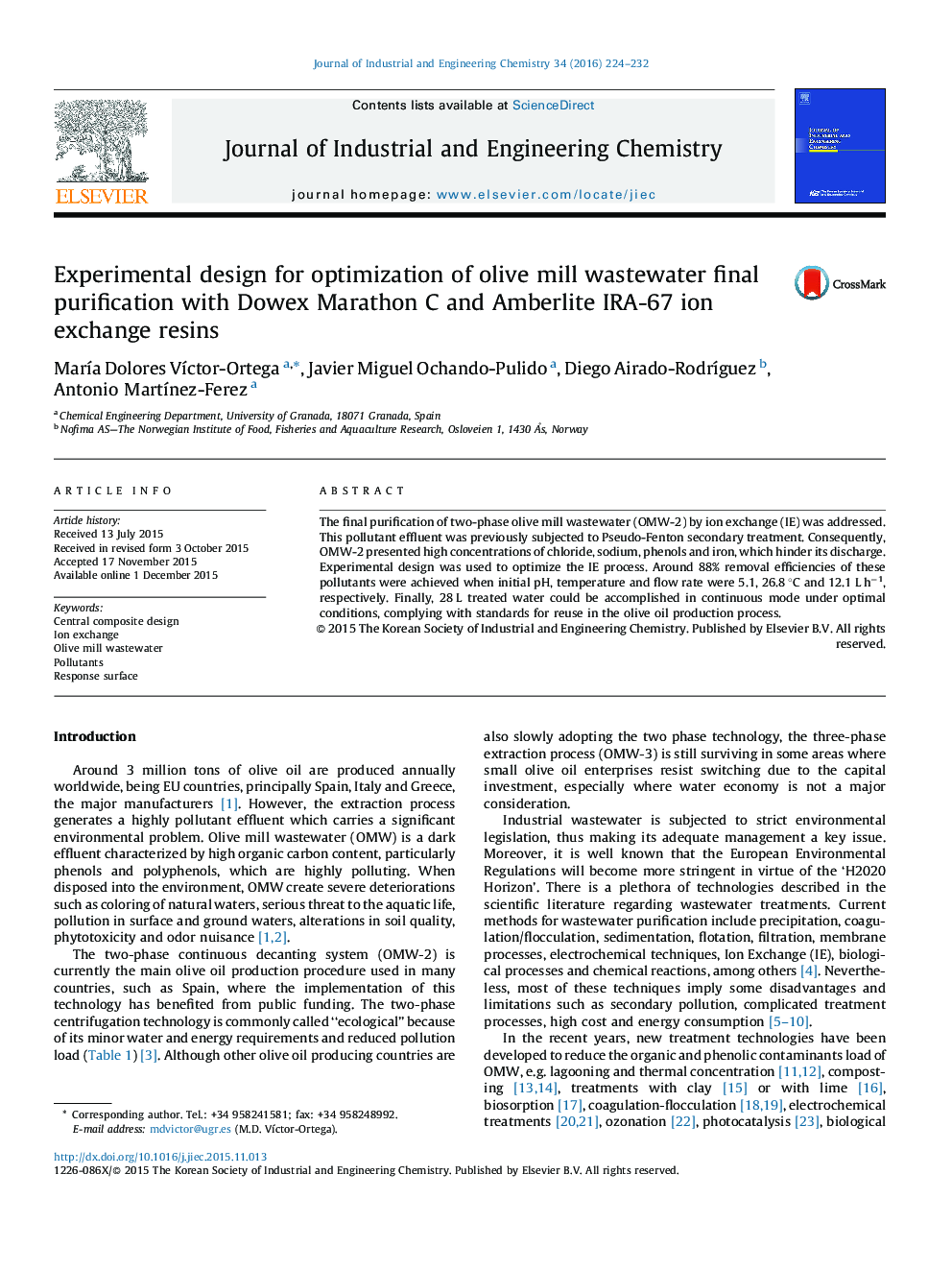 Experimental design for optimization of olive mill wastewater final purification with Dowex Marathon C and Amberlite IRA-67 ion exchange resins