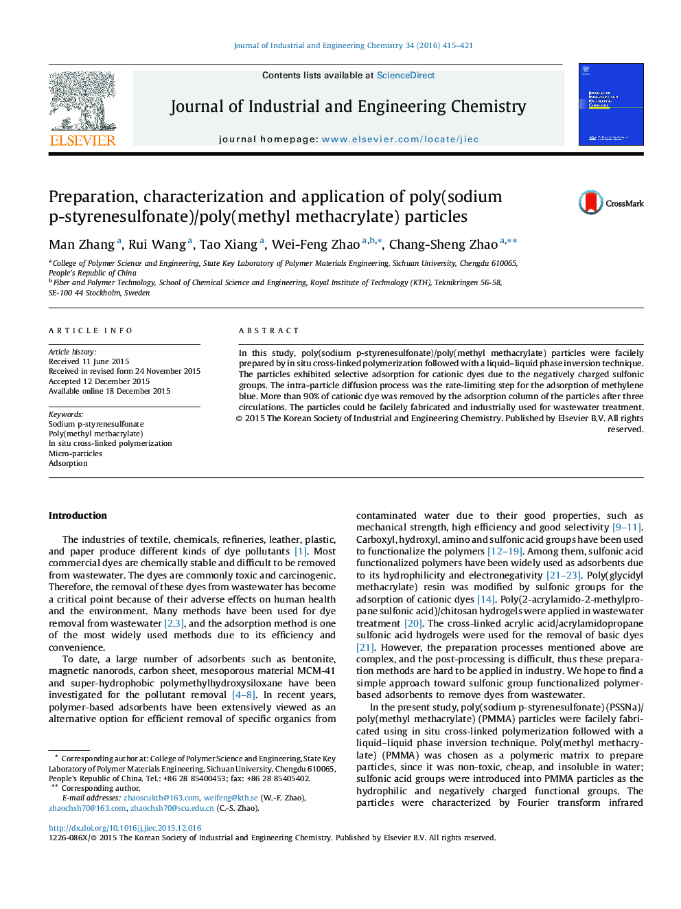 Preparation, characterization and application of poly(sodium p-styrenesulfonate)/poly(methyl methacrylate) particles
