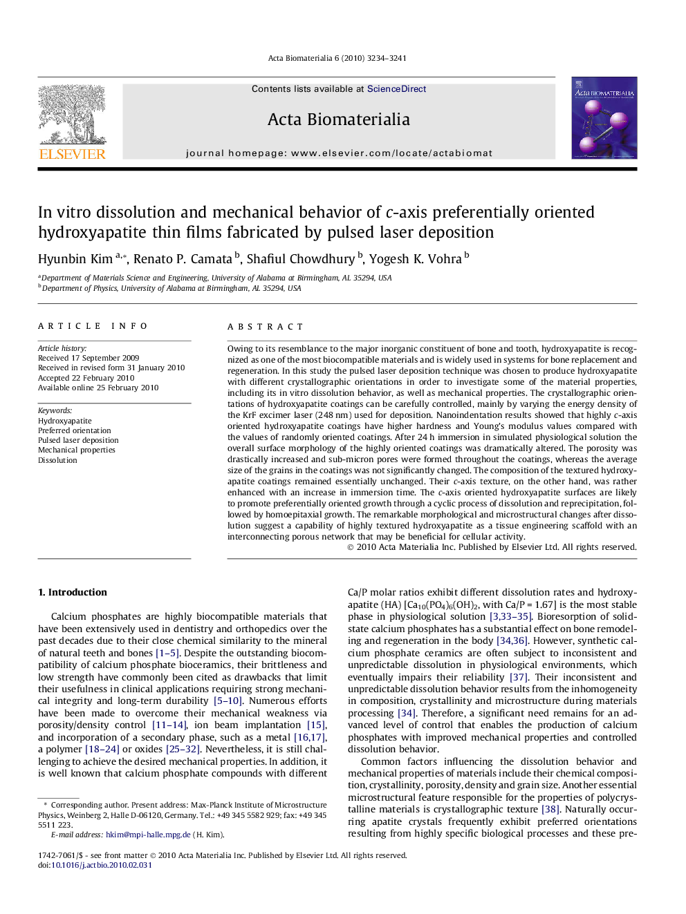 In vitro dissolution and mechanical behavior of c-axis preferentially oriented hydroxyapatite thin films fabricated by pulsed laser deposition