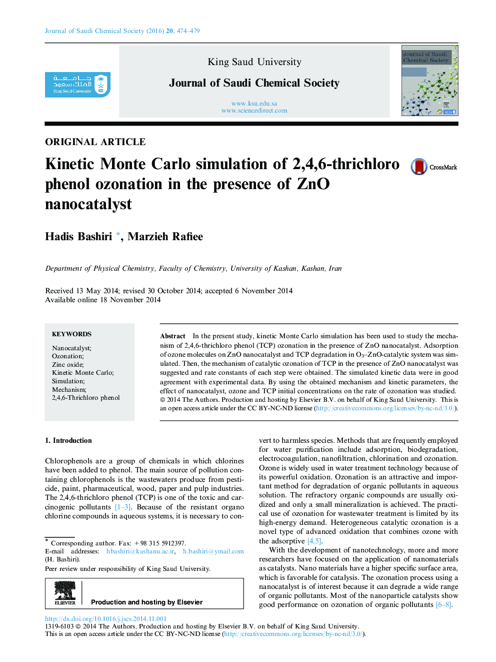 Kinetic Monte Carlo simulation of 2,4,6-thrichloro phenol ozonation in the presence of ZnO nanocatalyst 