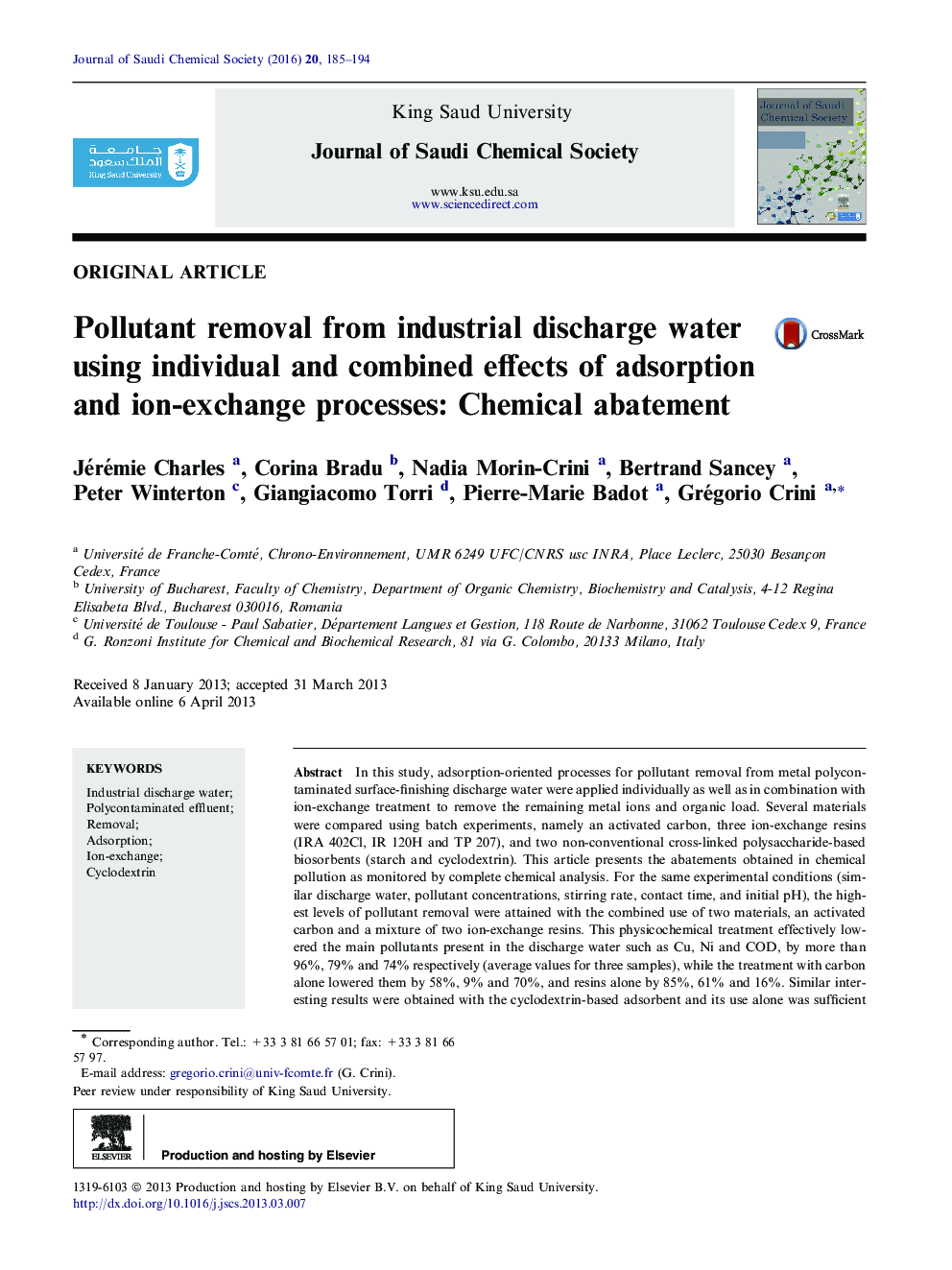 حذف آلاینده از آب آشامیدنی صنعتی با استفاده از اثرات فردی و ترکیبی جذب و فرآیندهای تبادل یونی: کاهش مواد شیمیایی 