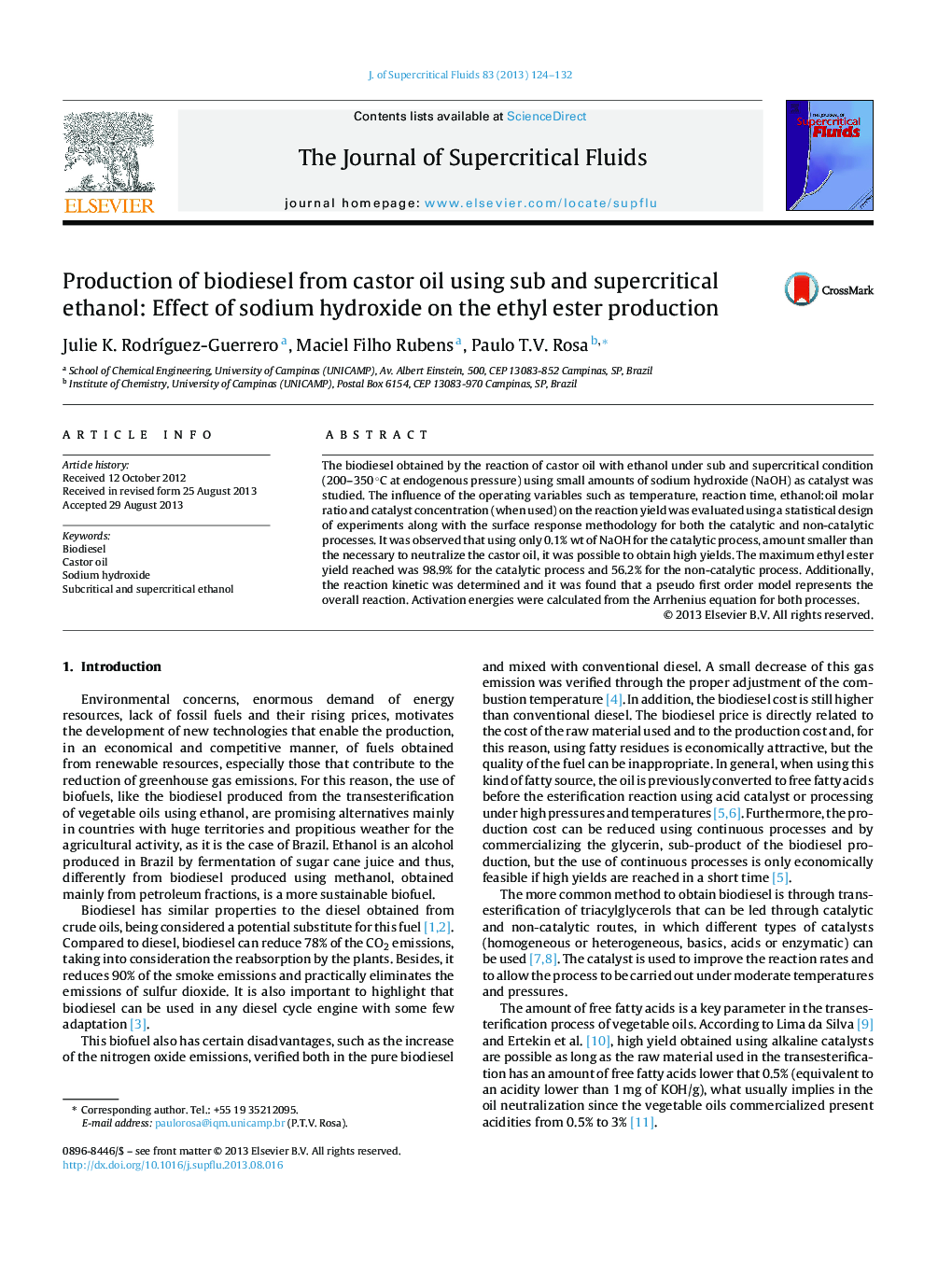 Production of biodiesel from castor oil using sub and supercritical ethanol: Effect of sodium hydroxide on the ethyl ester production