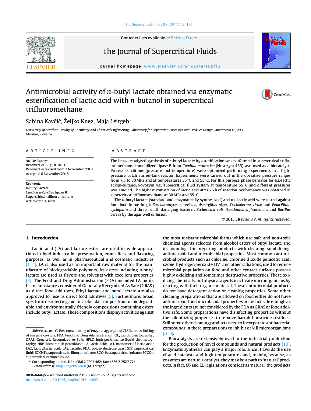 Antimicrobial activity of n-butyl lactate obtained via enzymatic esterification of lactic acid with n-butanol in supercritical trifluoromethane