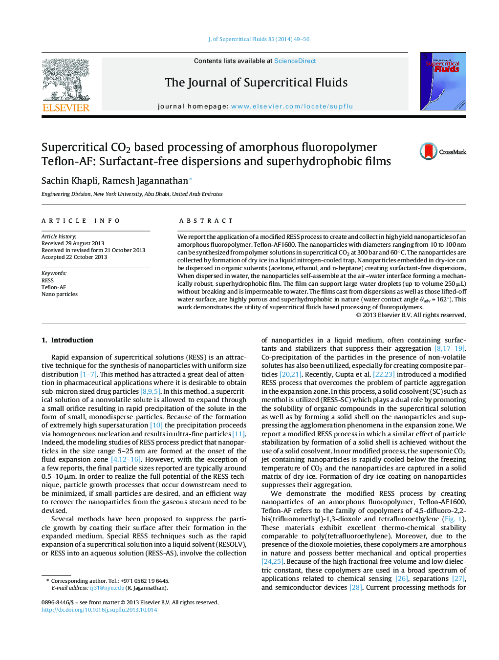 Supercritical CO2 based processing of amorphous fluoropolymer Teflon-AF: Surfactant-free dispersions and superhydrophobic films