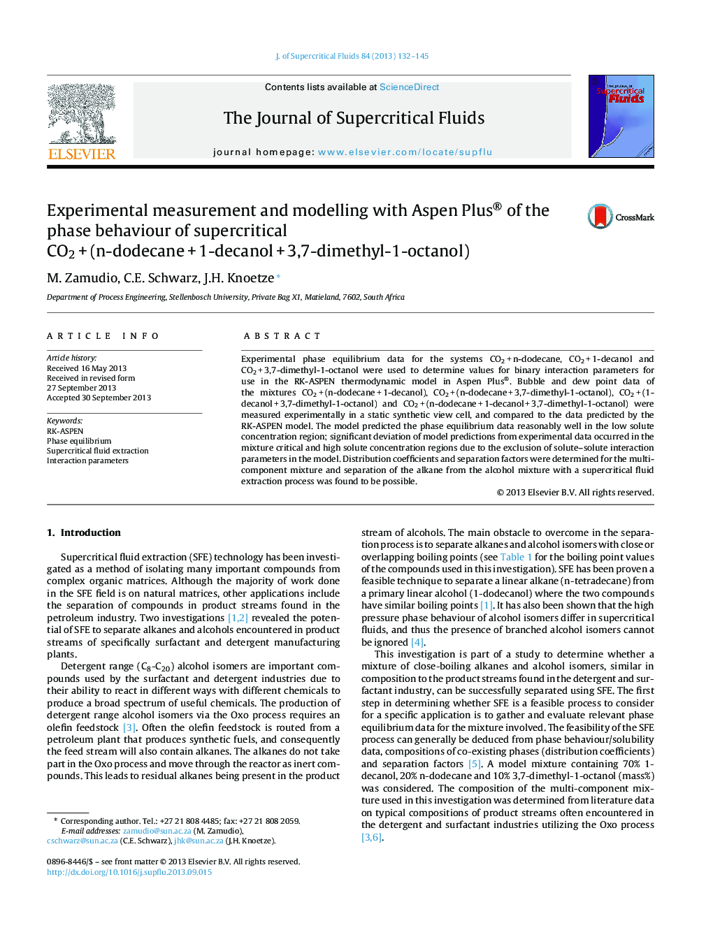 Experimental measurement and modelling with Aspen Plus® of the phase behaviour of supercritical CO2 + (n-dodecane + 1-decanol + 3,7-dimethyl-1-octanol)
