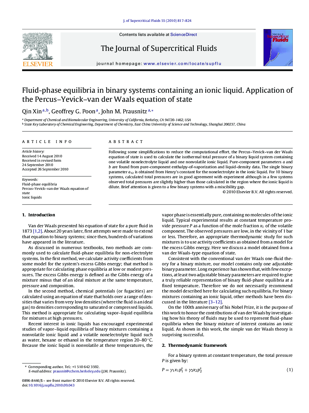 Fluid-phase equilibria in binary systems containing an ionic liquid. Application of the Percus–Yevick–van der Waals equation of state