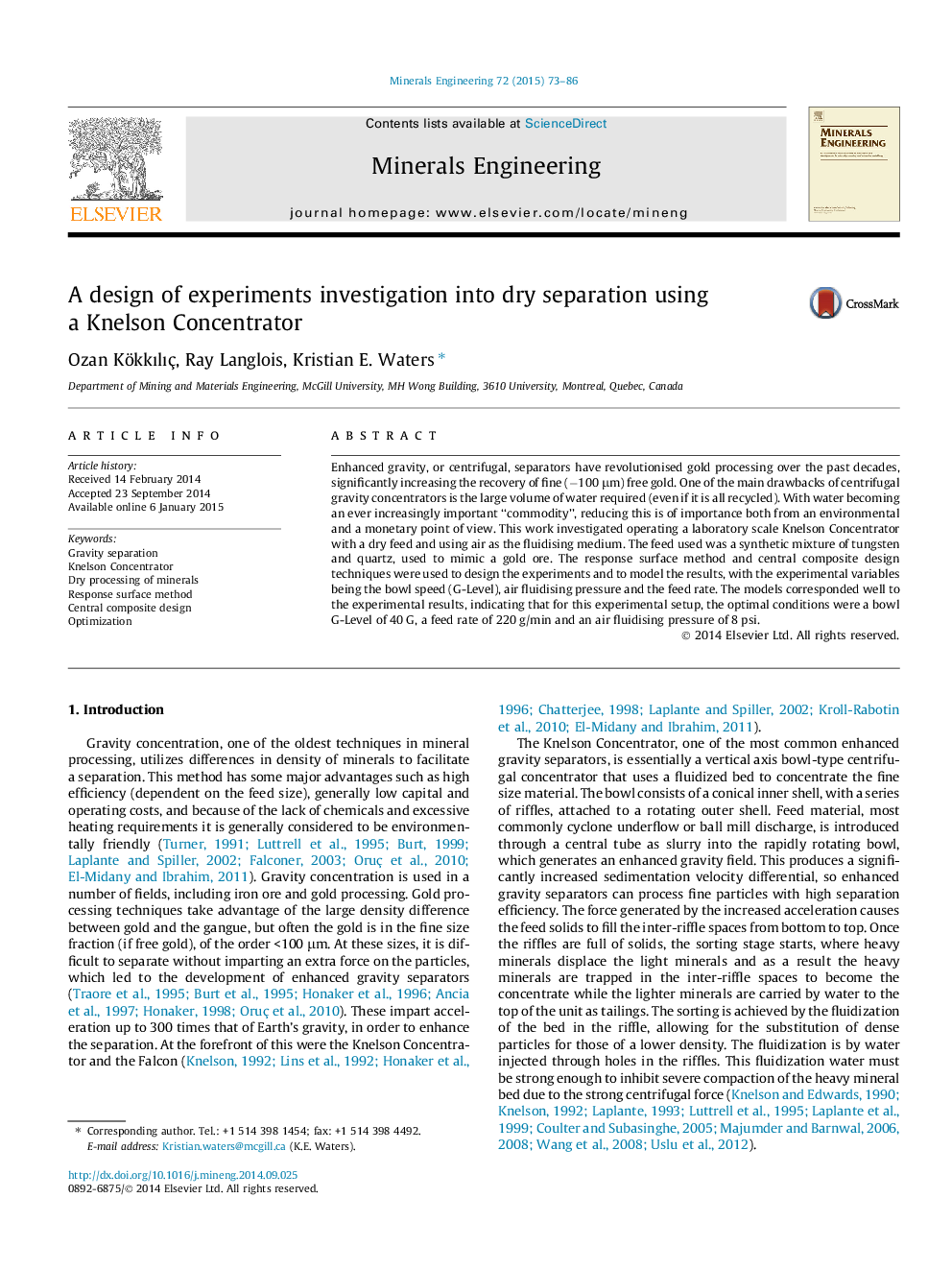 A design of experiments investigation into dry separation using a Knelson Concentrator