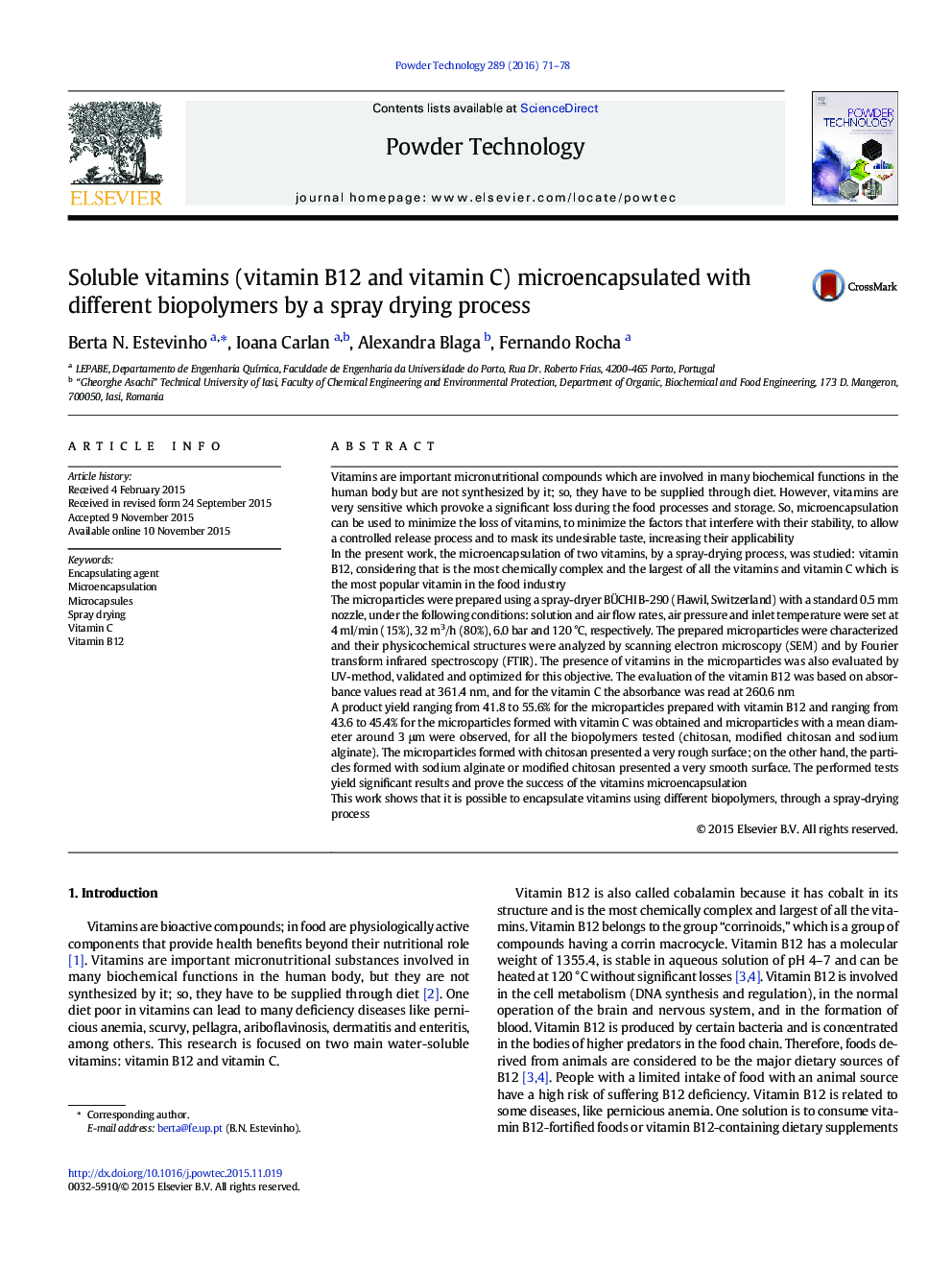 Soluble vitamins (vitamin B12 and vitamin C) microencapsulated with different biopolymers by a spray drying process