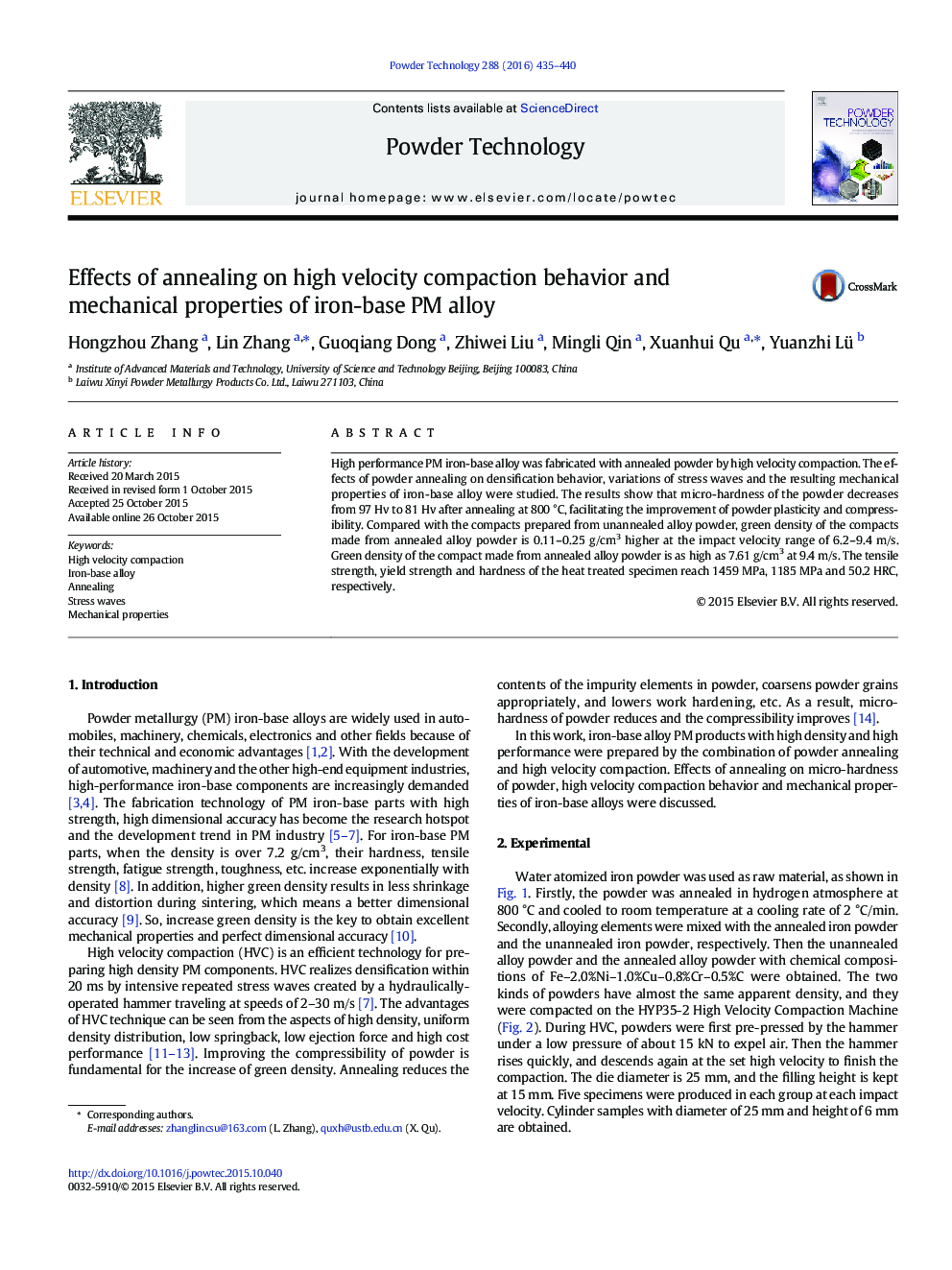 Effects of annealing on high velocity compaction behavior and mechanical properties of iron-base PM alloy