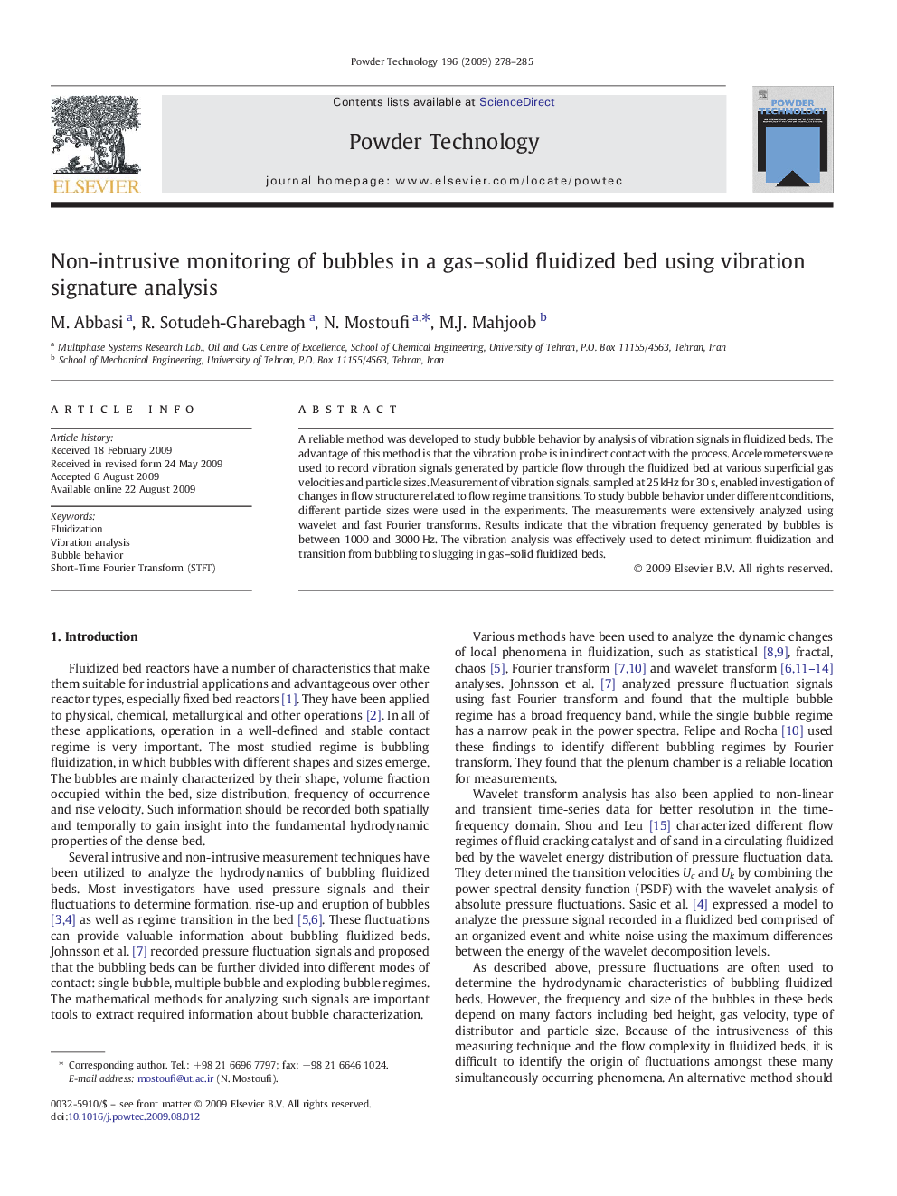 Non-intrusive monitoring of bubbles in a gas–solid fluidized bed using vibration signature analysis