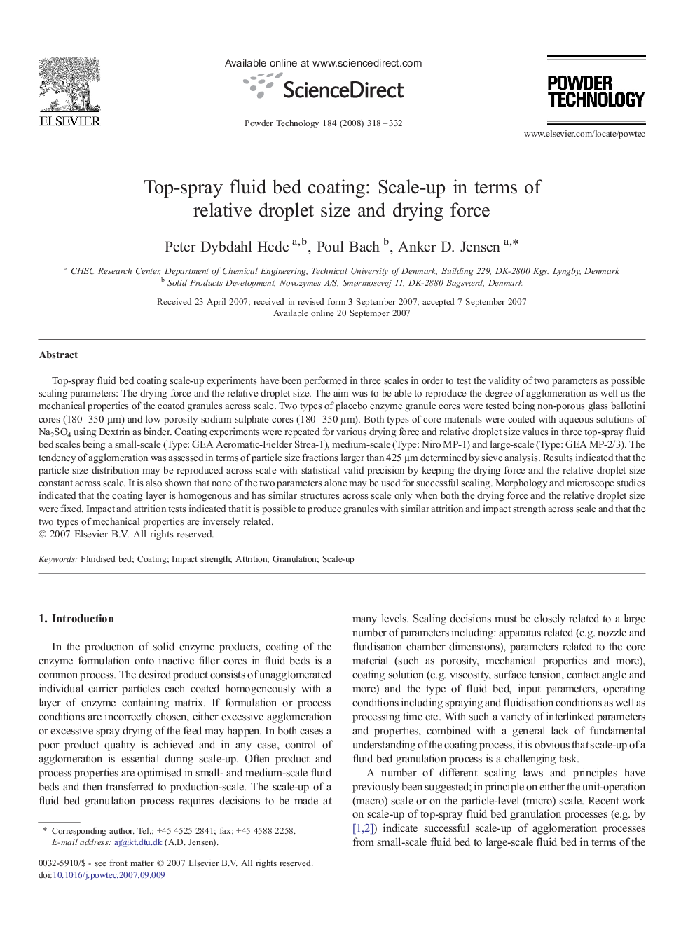 Top-spray fluid bed coating: Scale-up in terms of relative droplet size and drying force