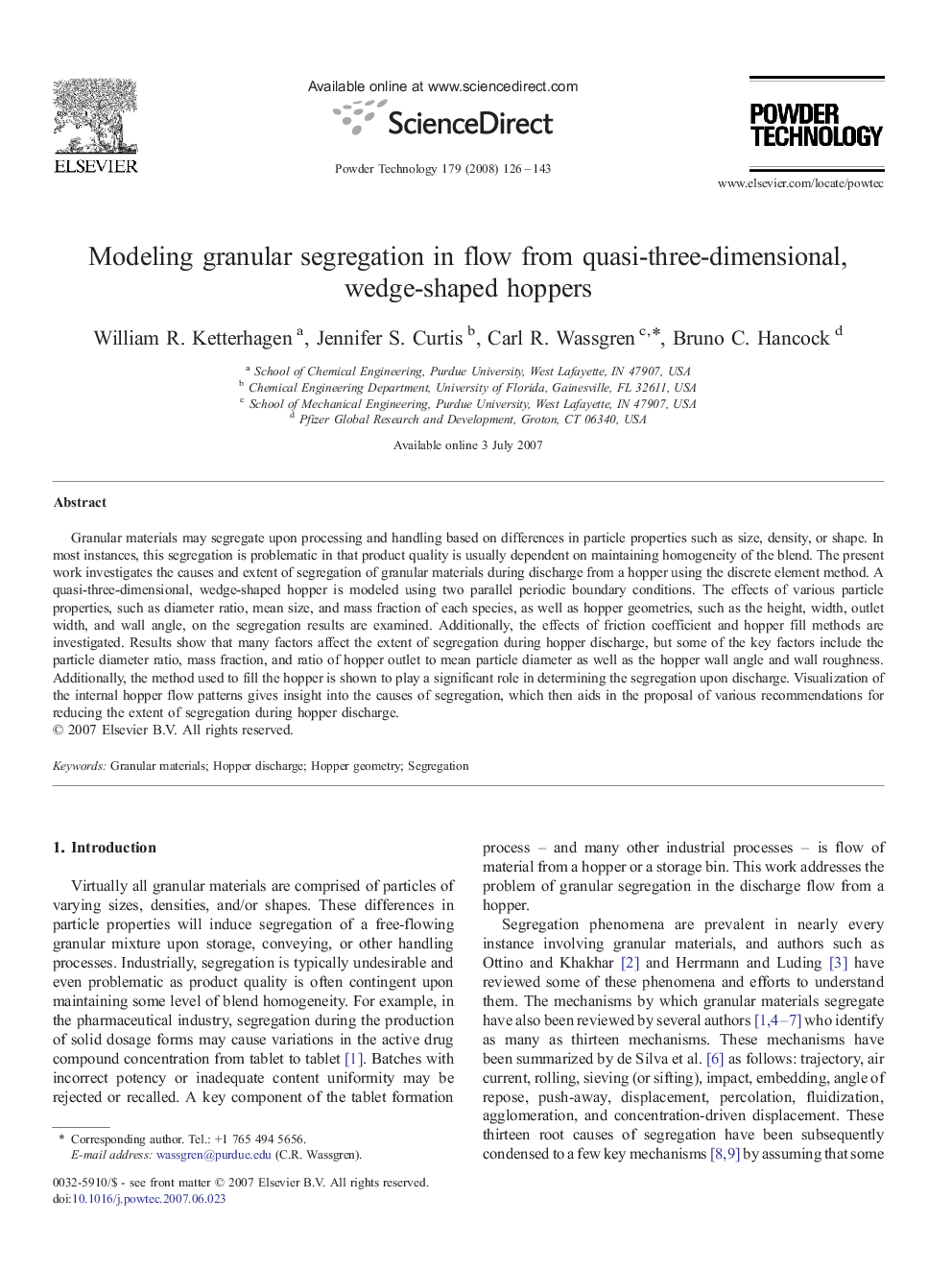 Modeling granular segregation in flow from quasi-three-dimensional, wedge-shaped hoppers