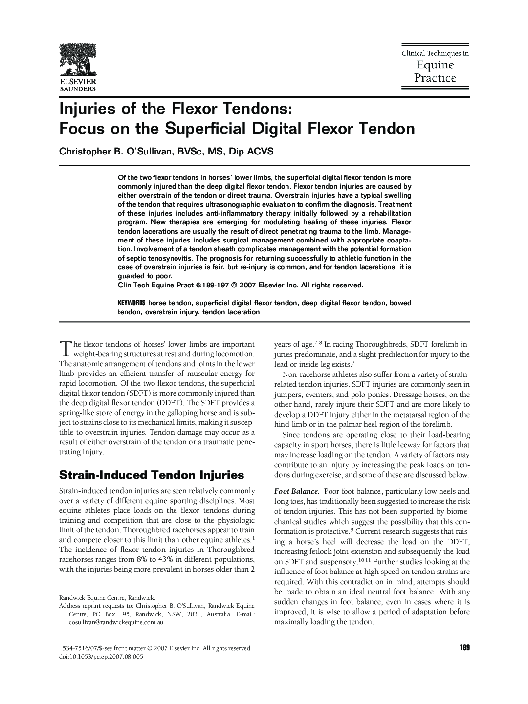 Injuries of the Flexor Tendons: Focus on the Superficial Digital Flexor Tendon