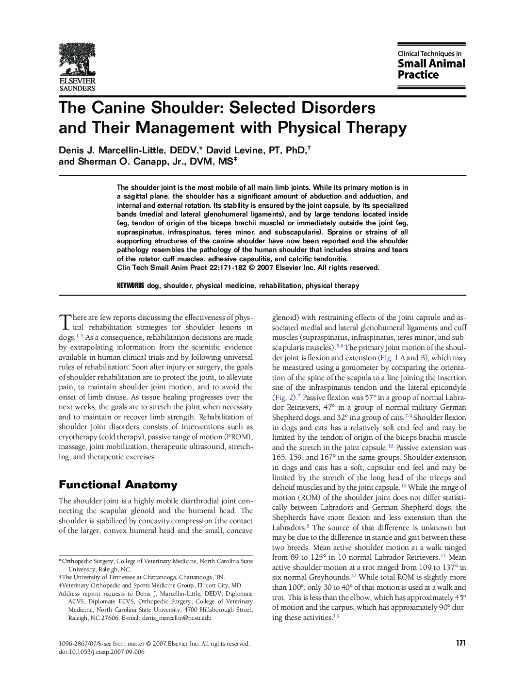 The Canine Shoulder: Selected Disorders and Their Management with Physical Therapy