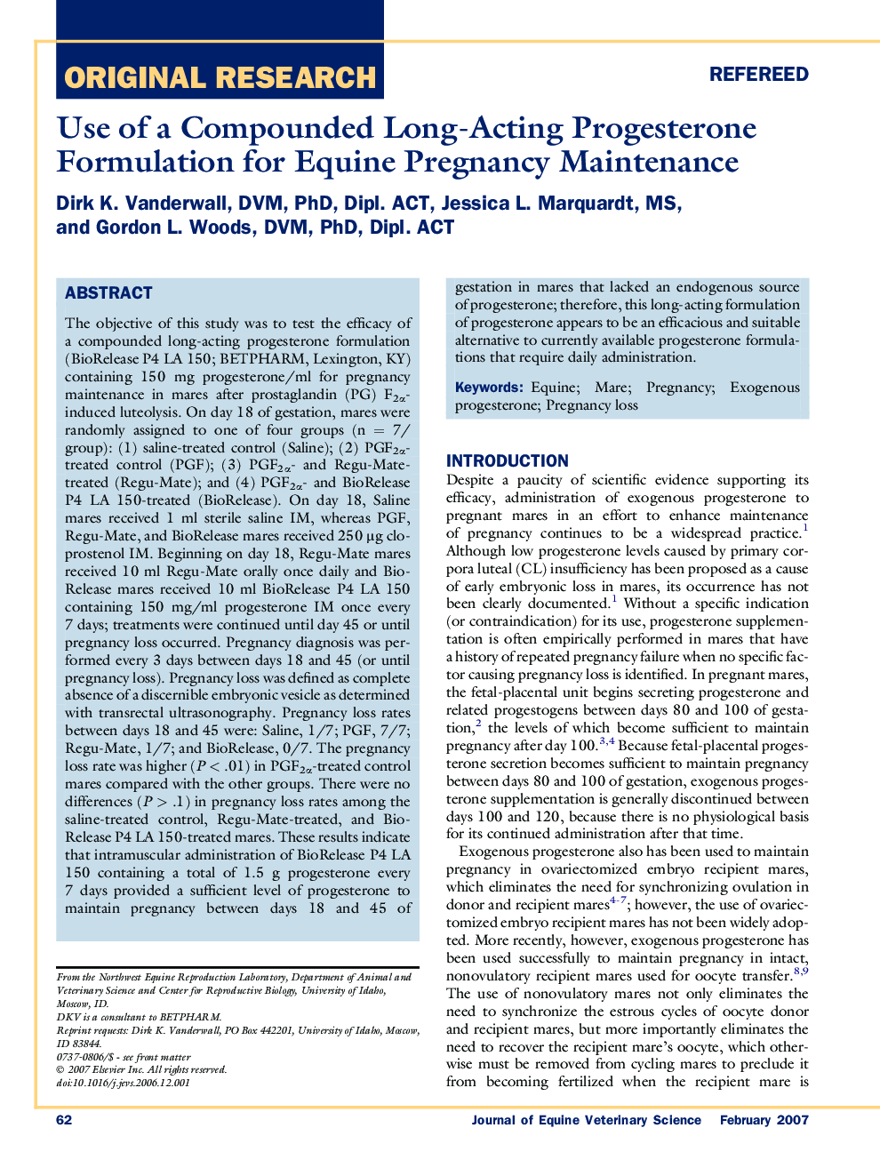 Use of a Compounded Long-Acting Progesterone Formulation for Equine Pregnancy Maintenance 