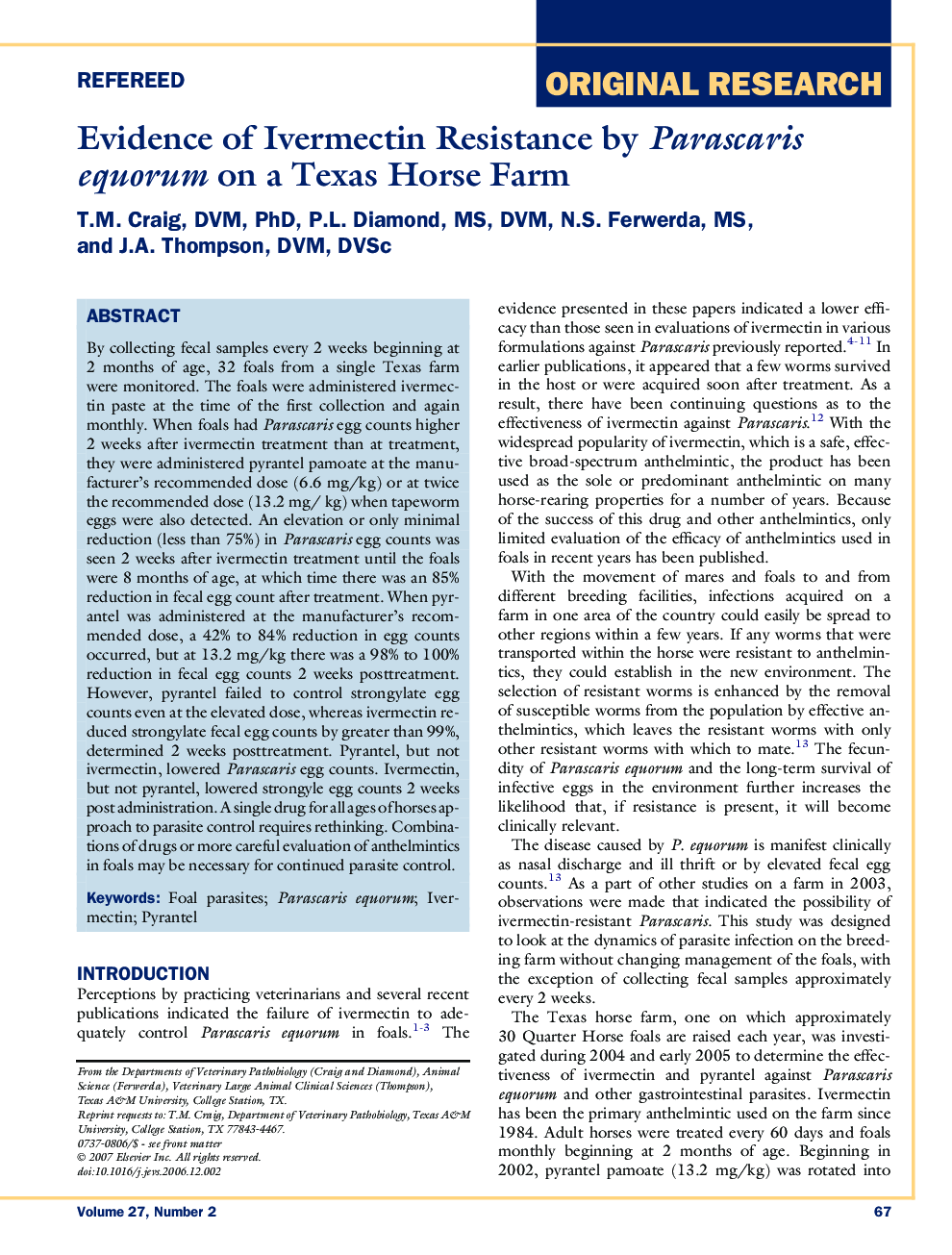 Evidence of Ivermectin Resistance by Parascaris equorum on a Texas Horse Farm 